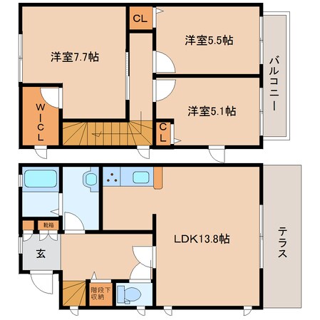 王寺駅 バス8分  桜ヶ丘３丁目下車：停歩1分 1-2階の物件間取画像